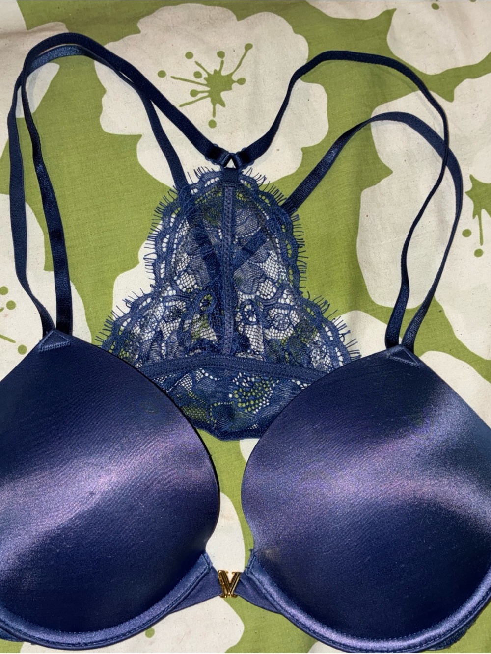 Victoria's Secret Very Sexy Push Up Bra Size 34C Front Close Blue Lacy Racer Bk